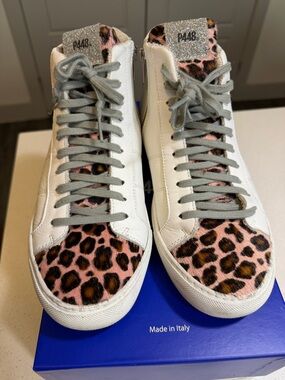 P448 White Leather High-Top Sneakers with Pink Leopard